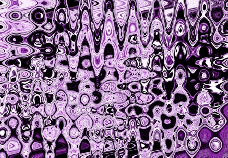 A purple and black abstract painting with circles