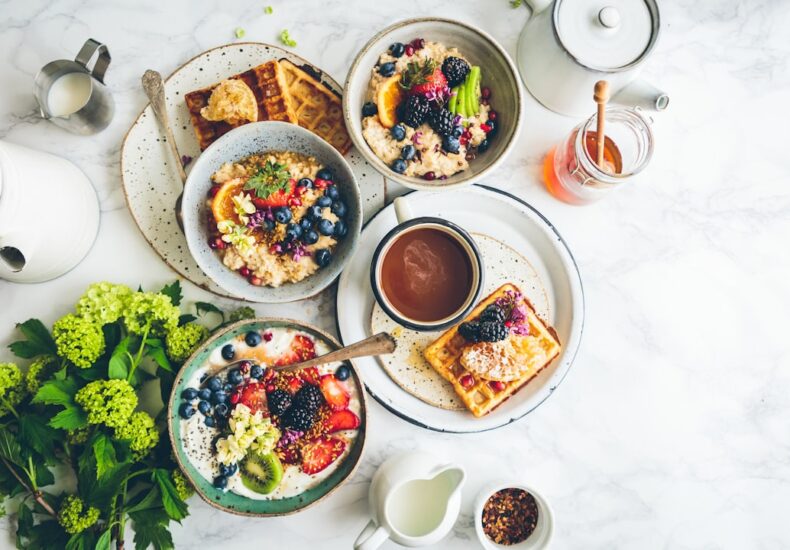 fruit salad on gray bowls