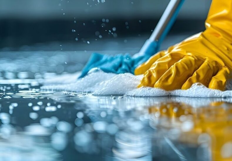 A person in yellow gloves and blue gloves cleaning a floor