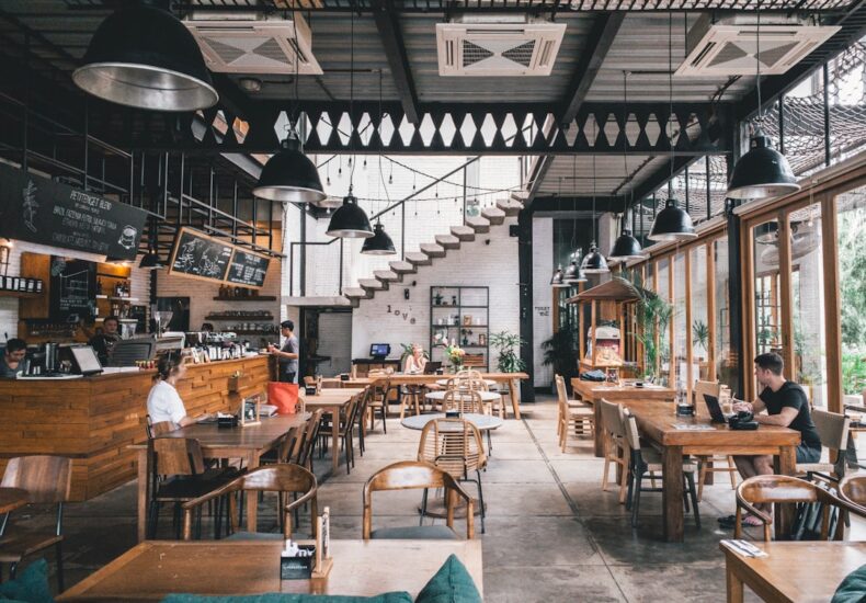 interior of rustic cafe with wooden tables