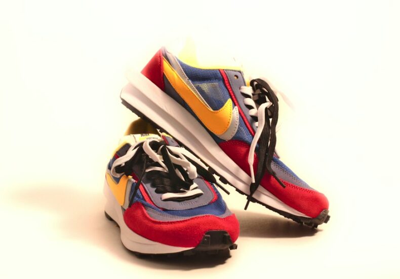 A pair of colorful sneakers on a white background