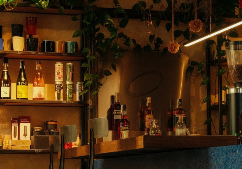Bar counter with bottles, plants, and stools